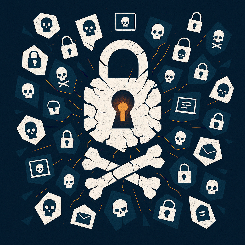 Un gigantesque logo de ransomware (comme un cadenas ou un crâne) se brisant en dizaines d’éclats plus petits, chacun se transformant en une icône de mini-gang de ransomware.