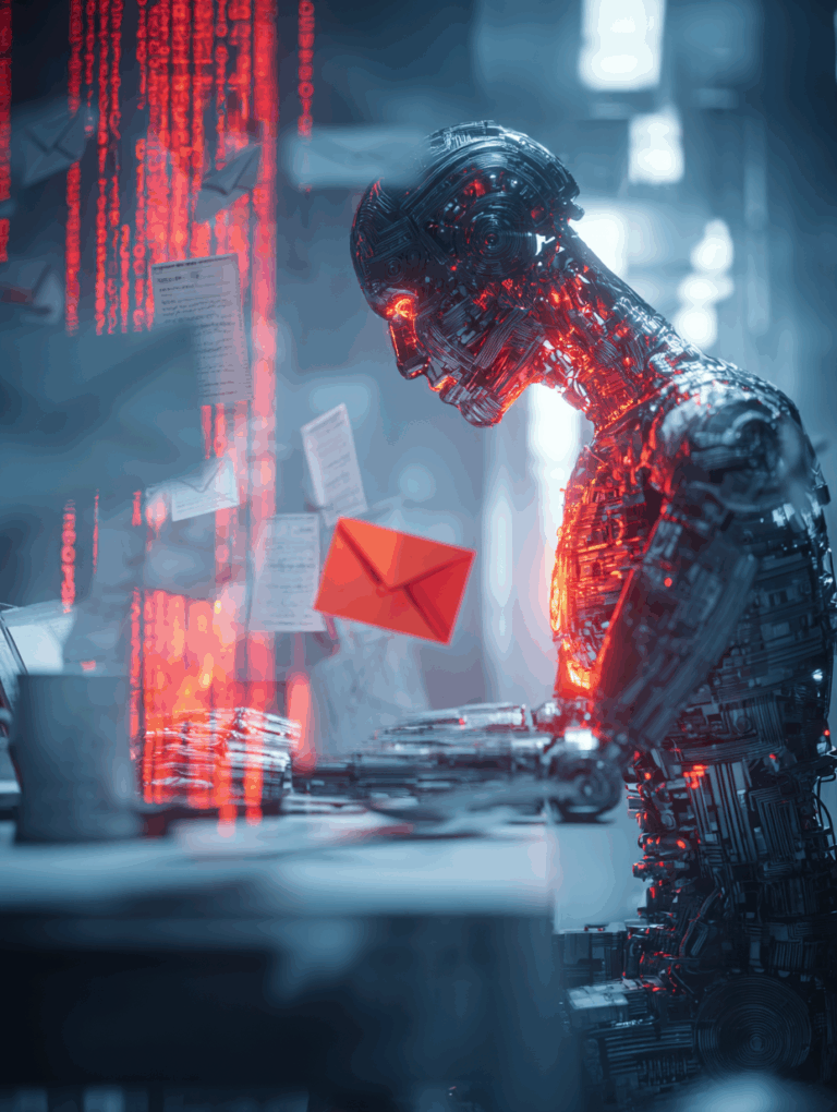 Illustration of a futuristic AI agent surrounded by digital emails, with one malicious message leaking data into dark shadows, symbolizing cybersecurity risks of AI agents.
